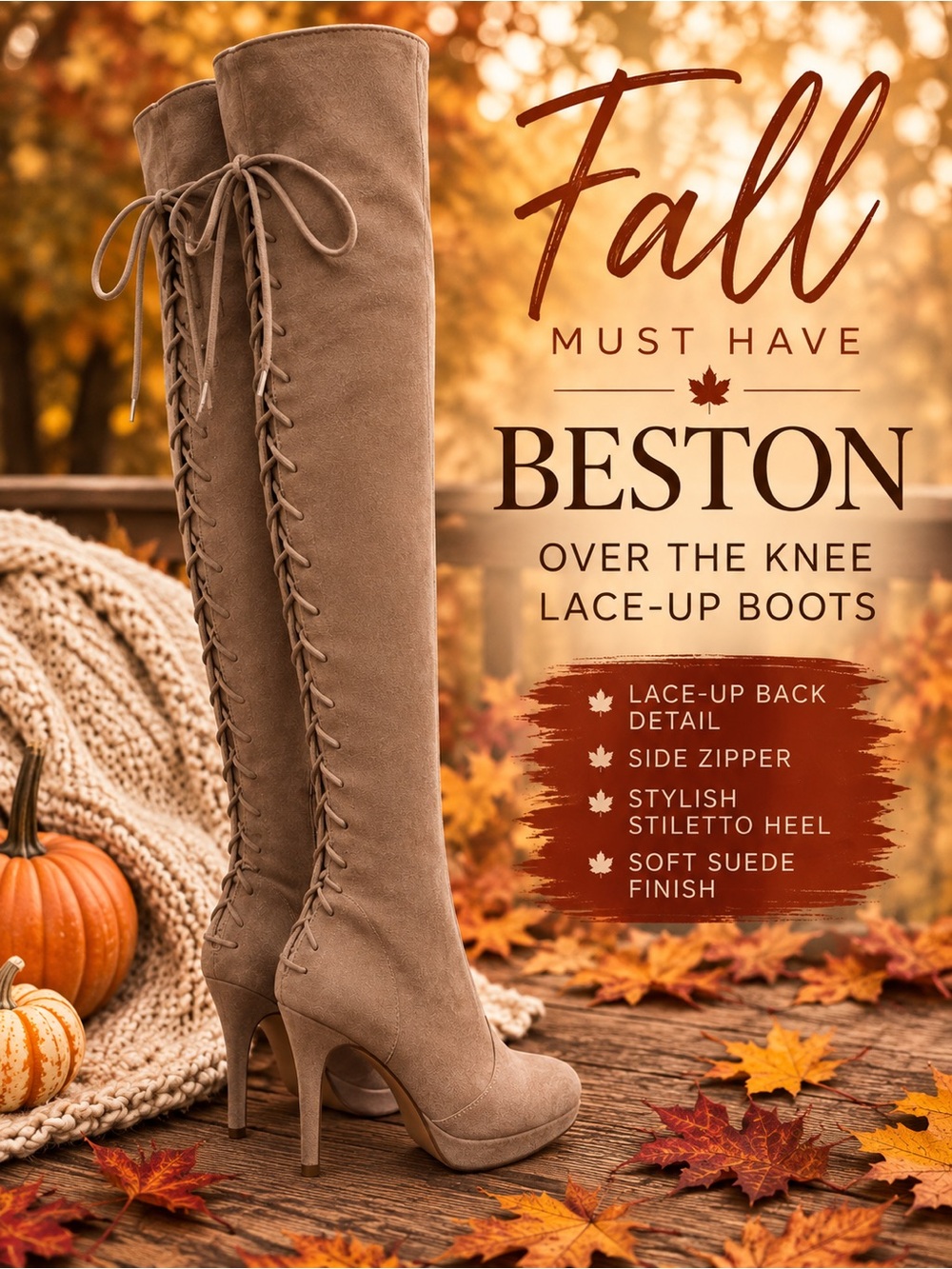 Beston Taupe Over-the-Knee Lace-Up Boots SZ 8